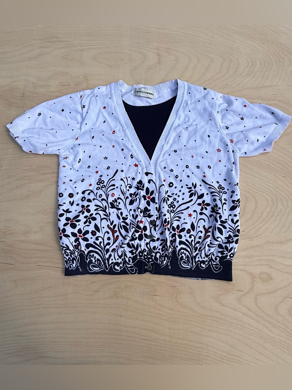 Cathy Daniels Floral Cardigan Cottagecore White Blue Red Short Sleeve Women's L